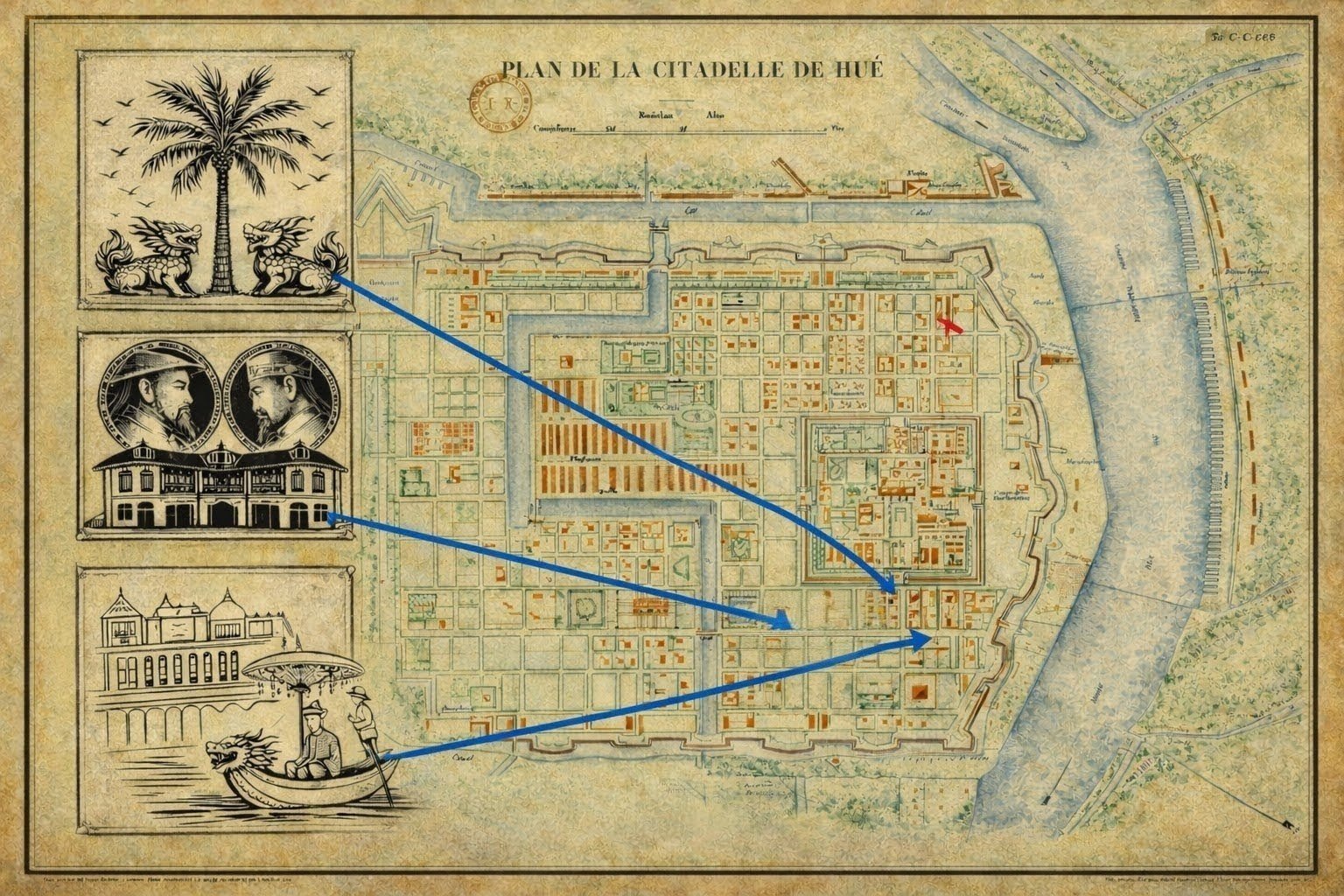 Plan de la Citadelle de Huế — old illustrated map showing the Imperial Citadel and our location
